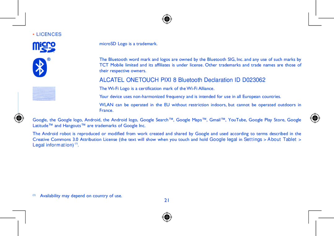 Alcatel manual Alcatel Onetouch Pixi 8 Bluetooth Declaration ID D023062, Licences 