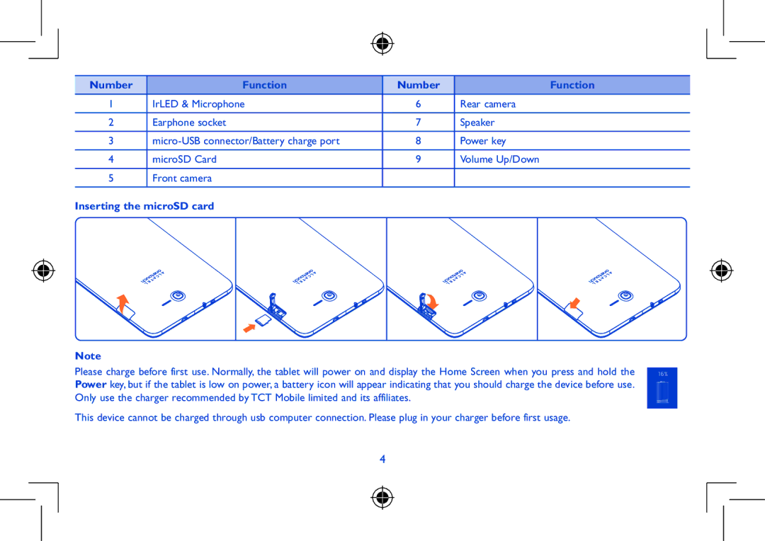 Alcatel Pixi 8 manual Number Function, Inserting the microSD card 