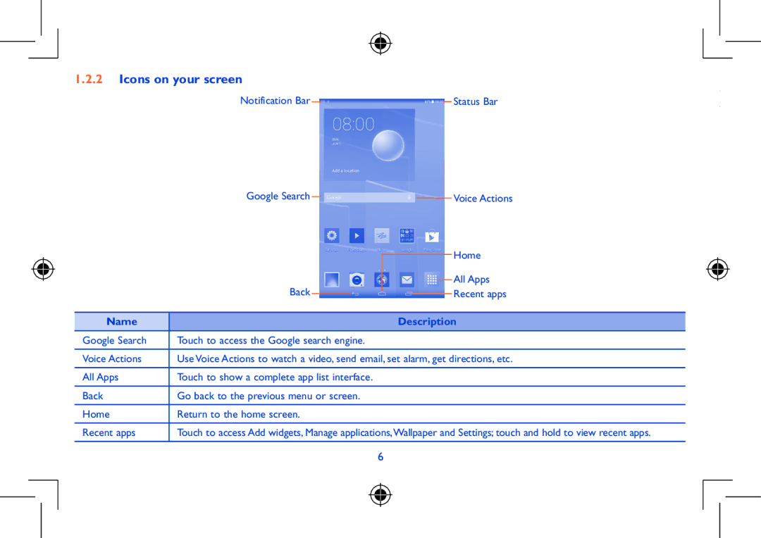 Alcatel Pixi 8 manual Icons on your screen, Name Description 