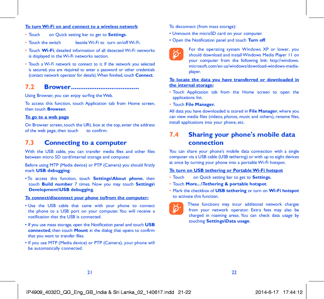 Alcatel POP C2 manual Browser, Connecting to a computer, Sharing your phones mobile data Connection 