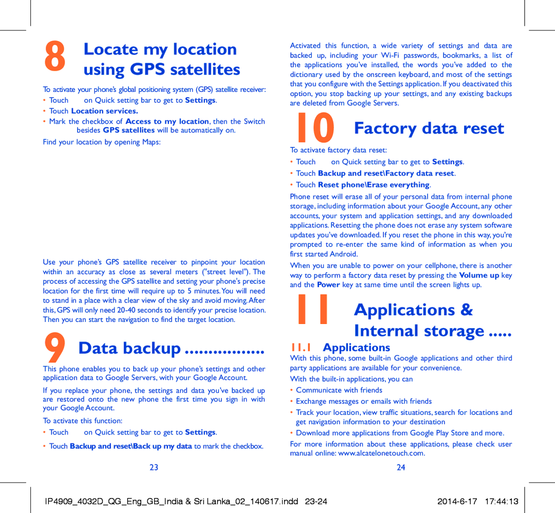 Alcatel POP C2 manual Data backup, Factory data reset, Applications Internal storage 