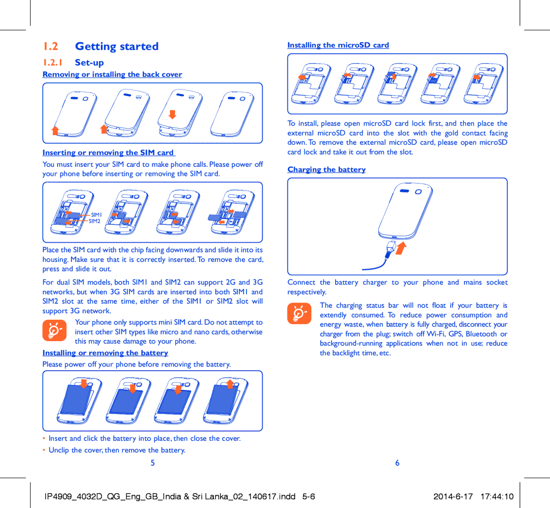 Alcatel POP C2 manual Getting started, Set-up, Installing or removing the battery, Installing the microSD card 