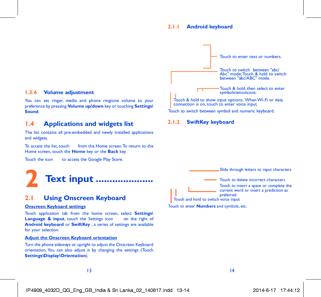 Alcatel POP C2 manual Text input, Applications and widgets list, Using Onscreen Keyboard 