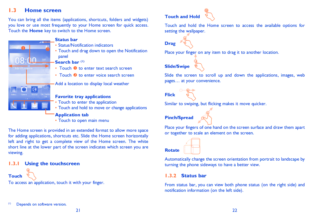Alcatel POP C3 manual Home screen, Using the touchscreen, Status bar 