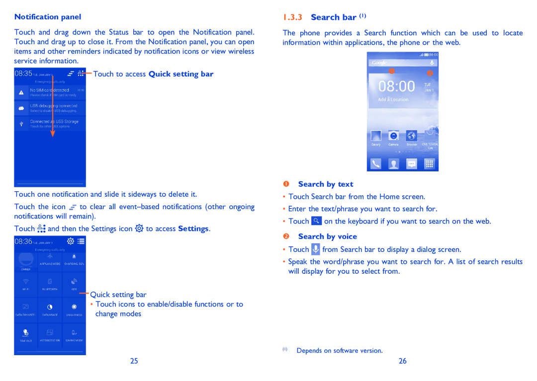 Alcatel POP C3 manual Search bar, Notification panel, Touch to access Quick setting bar, Search by text, Search by voice 