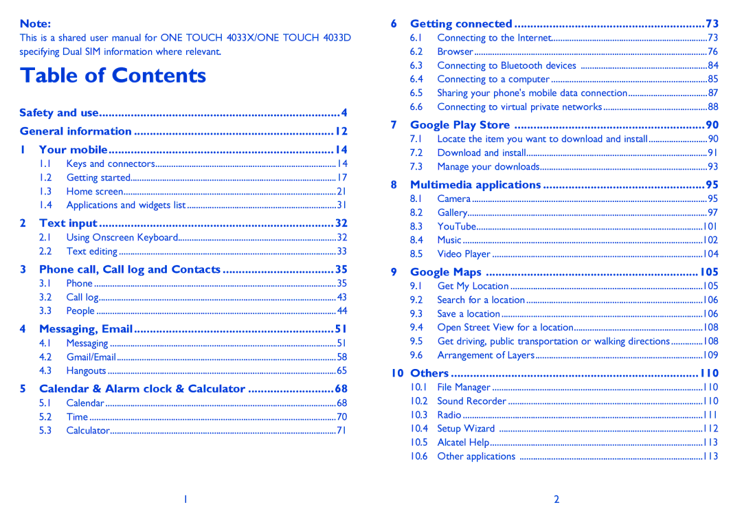 Alcatel POP C3 manual Table of Contents 