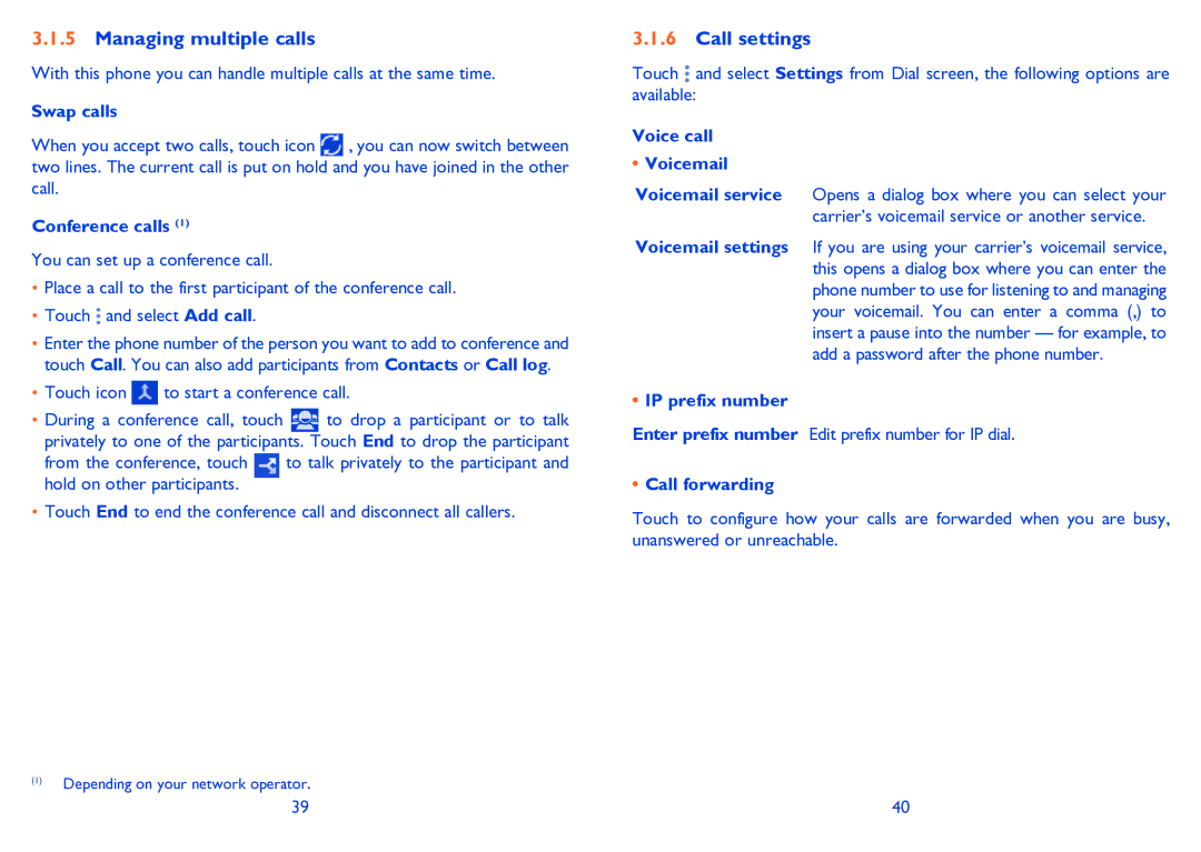 Alcatel POP C3 manual Managing multiple calls, Call settings 