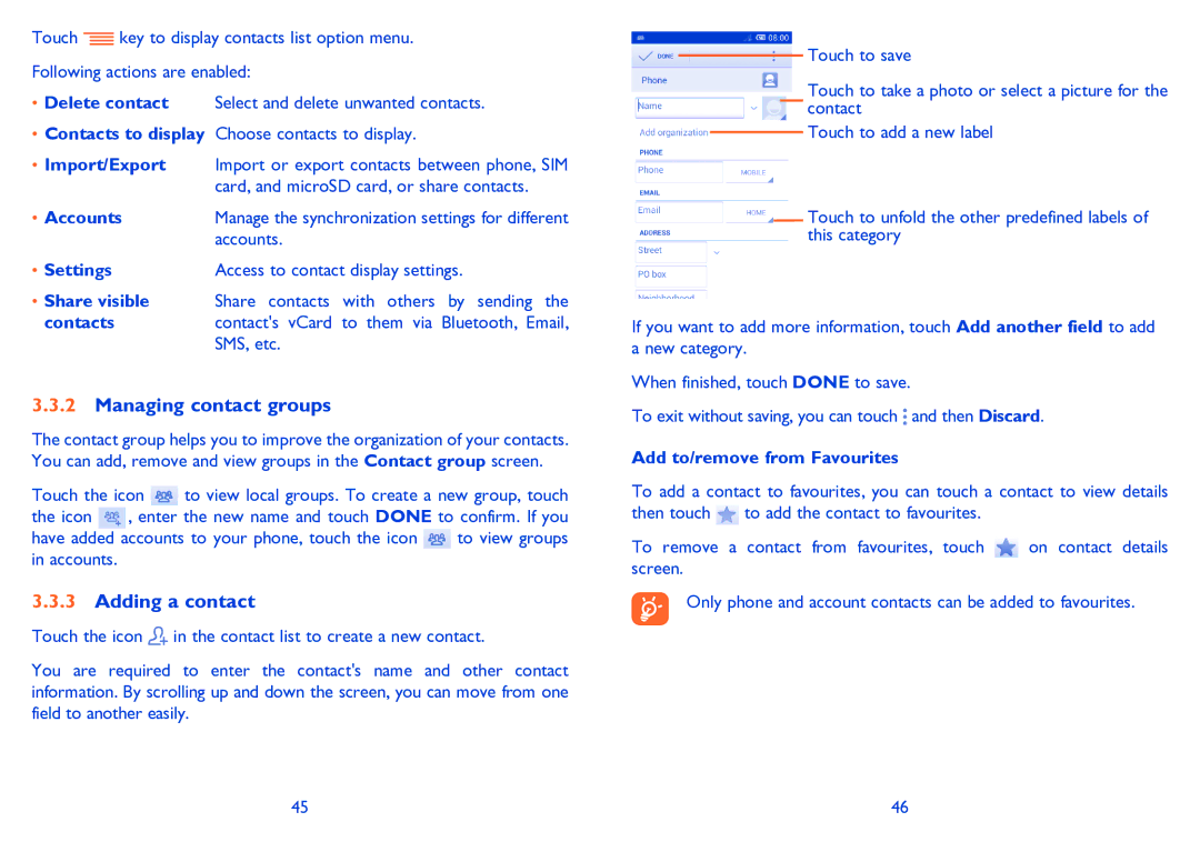 Alcatel POP C3 manual Managing contact groups, Adding a contact 