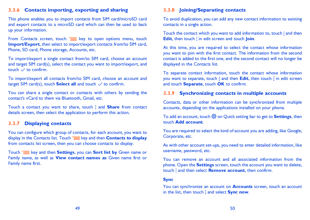 Alcatel POP C3 manual Contacts importing, exporting and sharing, Displaying contacts, Joining/Separating contacts, Sync 