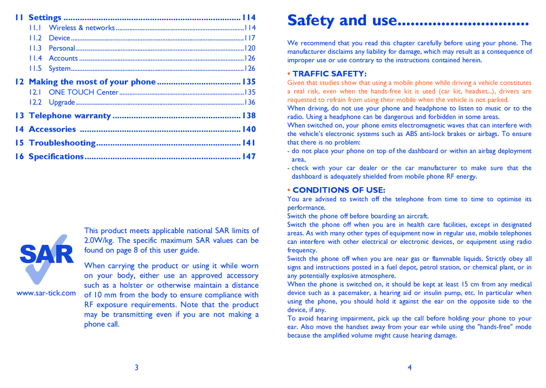 Alcatel POP C3 manual Safety and use, Settings 114, 135, Traffic Safety, Conditions of USE 