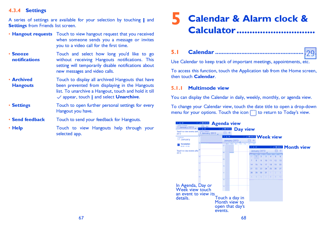 Alcatel POP C3 manual Calendar & Alarm clock Calculator, Settings, Multimode view 