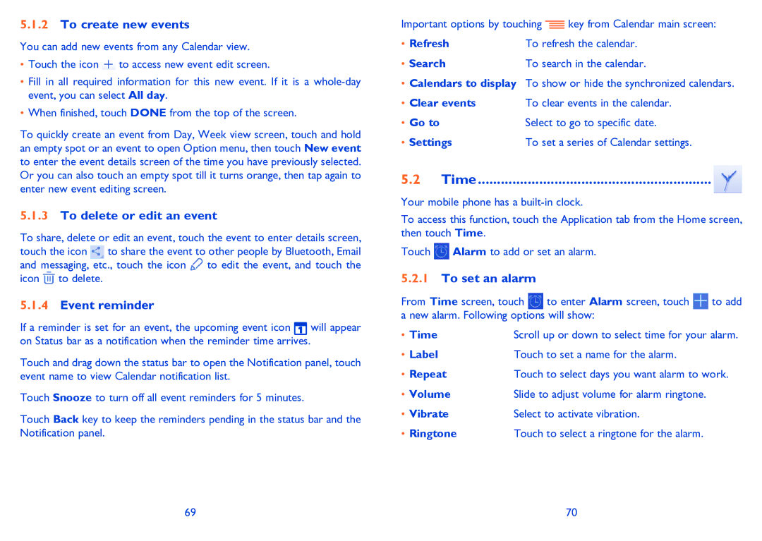 Alcatel POP C3 manual To create new events, To delete or edit an event, Event reminder, Time, To set an alarm 