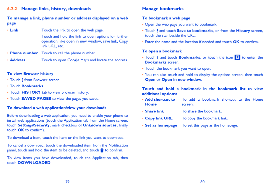 Alcatel POP C3 manual Manage links, history, downloads, Manage bookmarks 