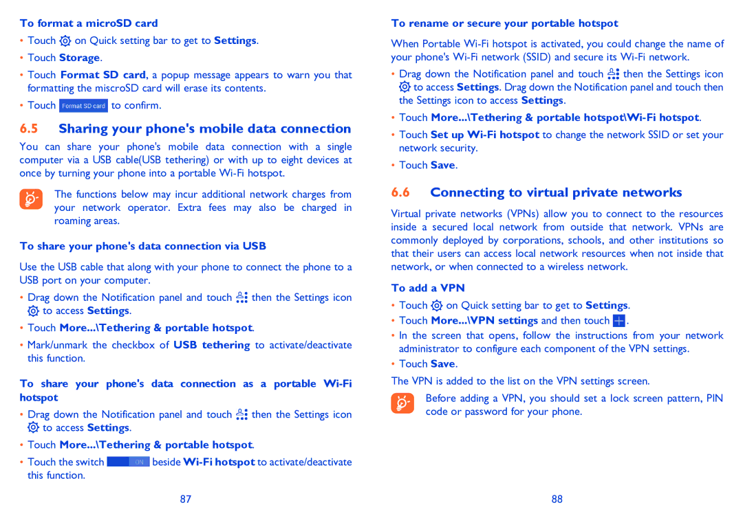 Alcatel POP C3 manual Sharing your phones mobile data connection, Connecting to virtual private networks 