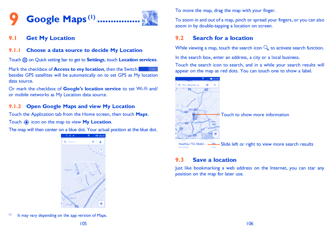 Alcatel POP C3 manual Google Maps, Get My Location, Search for a location, Save a location 