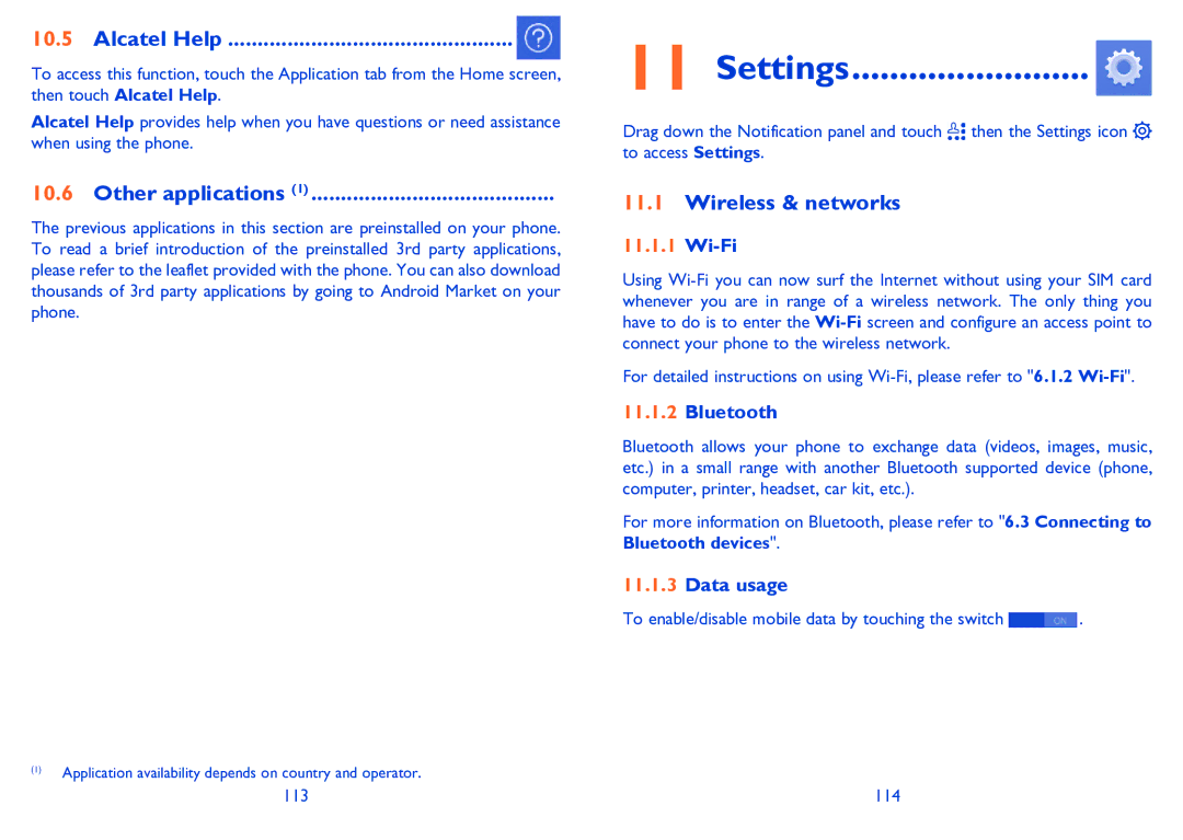 Alcatel POP C3 manual Settings, Alcatel Help, Other applications, Wireless & networks 