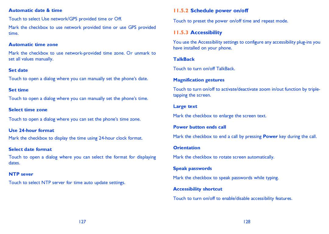 Alcatel POP C3 manual Schedule power on/off, Accessibility 
