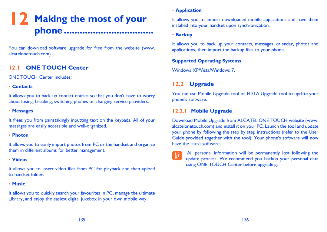 Alcatel POP C3 manual Making the most of your Phone, ONE Touch Center, Mobile Upgrade 