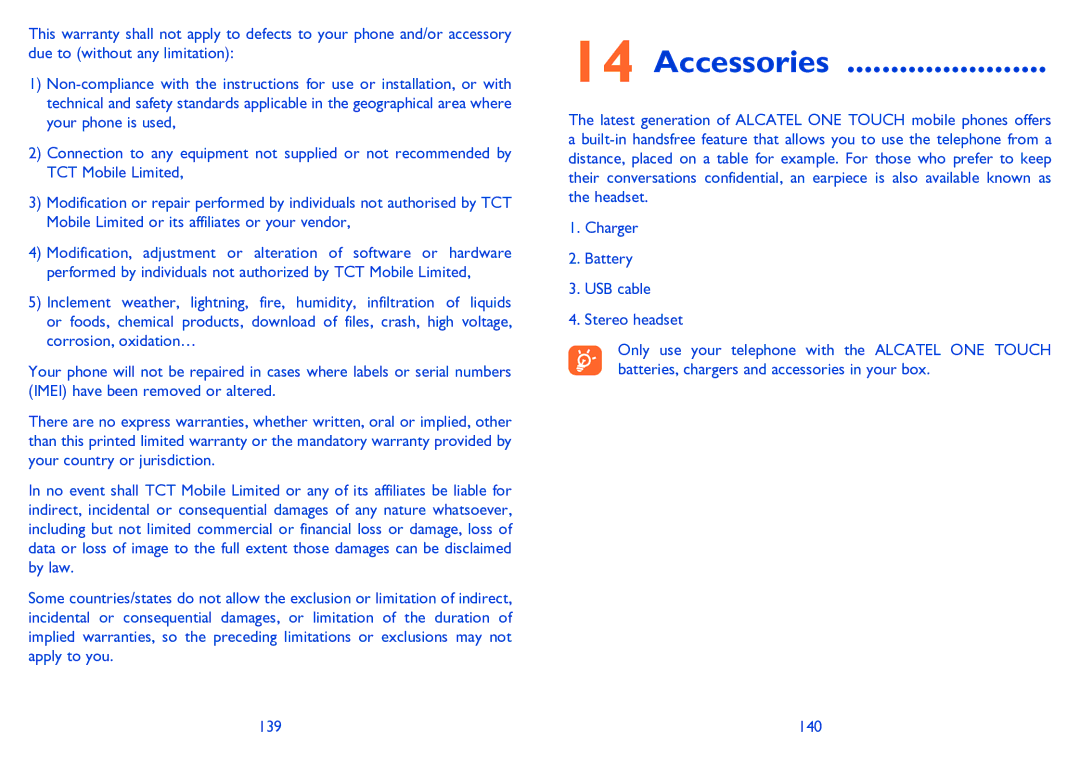 Alcatel POP C3 manual Accessories, 140 