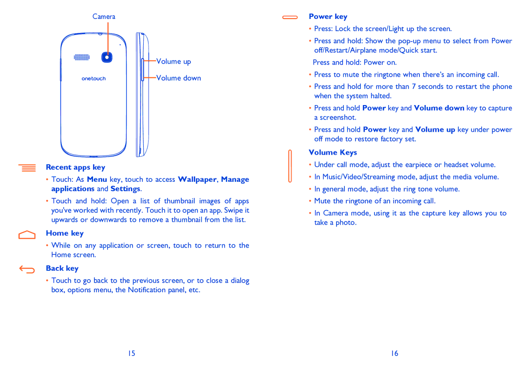 Alcatel POP C3 manual Recent apps key, Home key, Back key, Power key, Volume Keys 