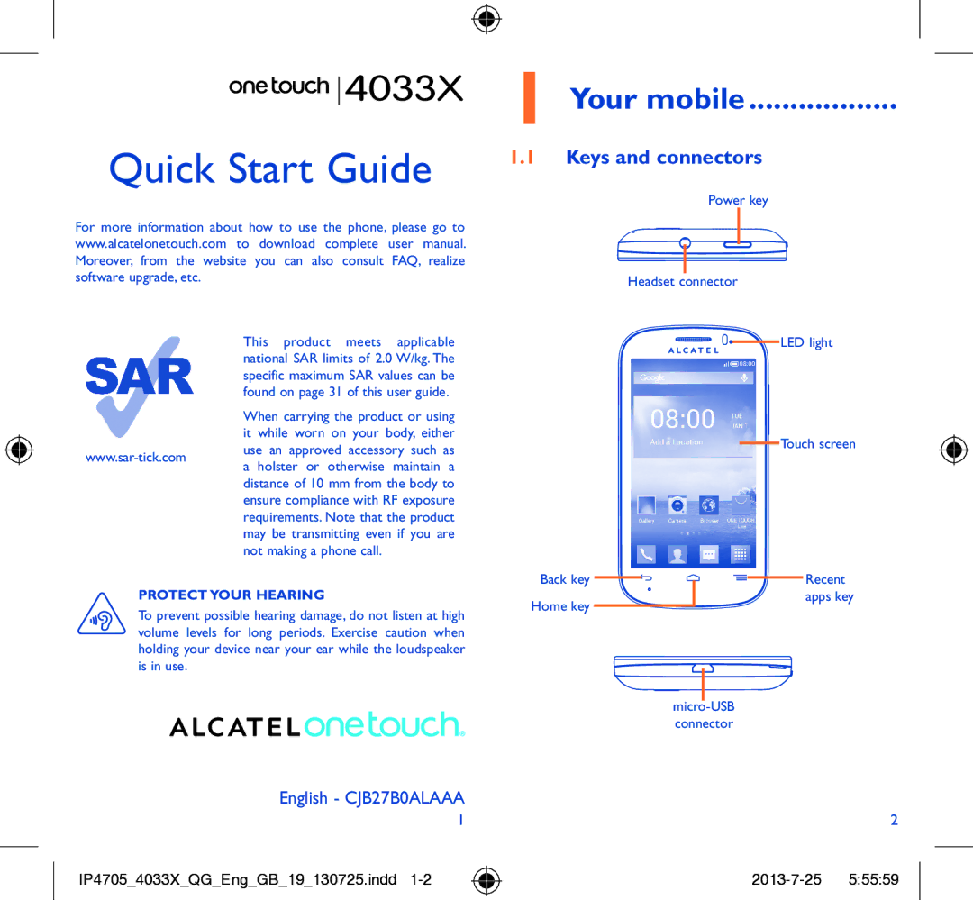 Alcatel POP C3 manual Your mobile, Keys and connectors, Protect Your Hearing 