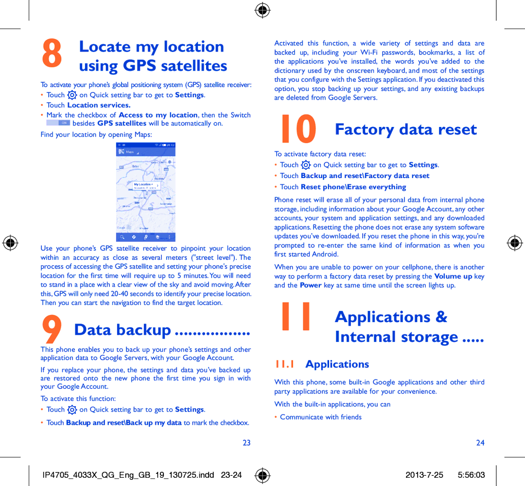 Alcatel POP C3 manual Data backup, Factory data reset, Applications Internal storage 