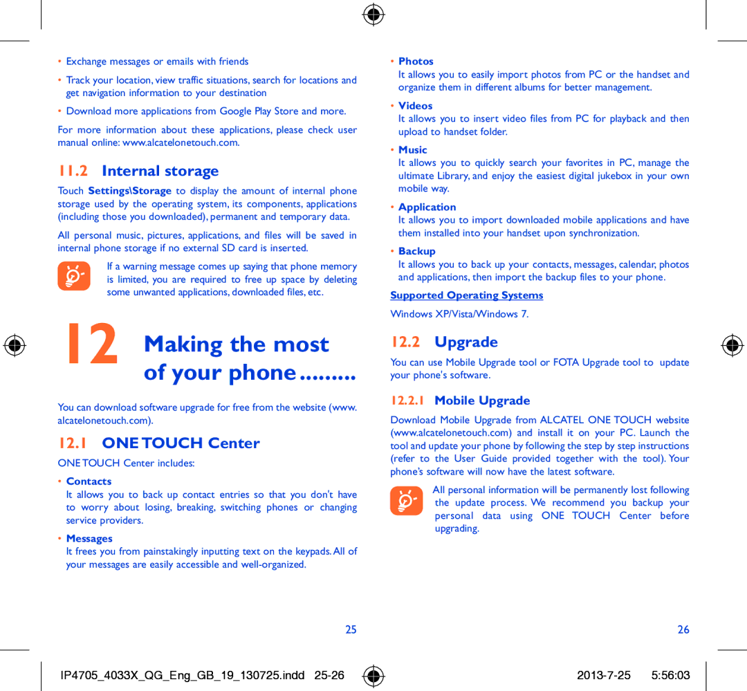 Alcatel POP C3 manual Making the most Your phone, Internal storage, ONE Touch Center, Mobile Upgrade 