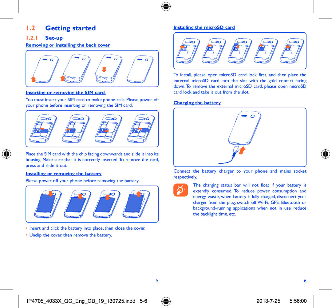 Alcatel POP C3 manual Getting started, Set-up, Installing or removing the battery, Installing the microSD card 