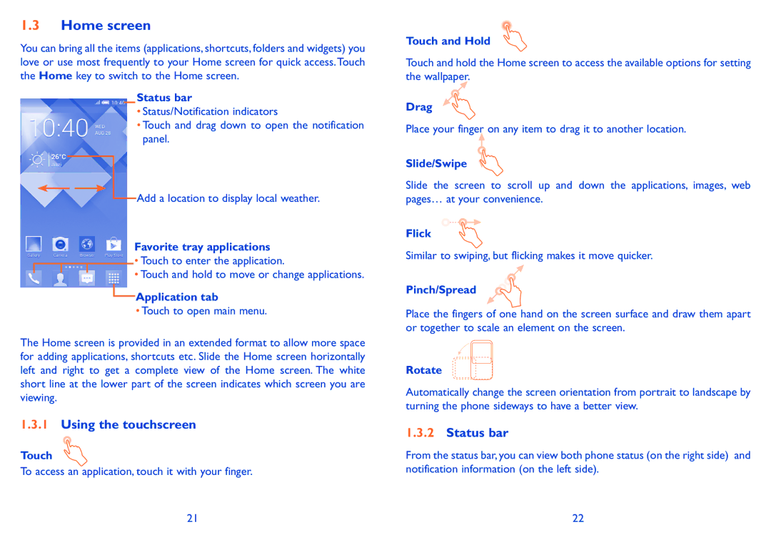 Alcatel POP C5 manual Home screen, Using the touchscreen, Status bar 