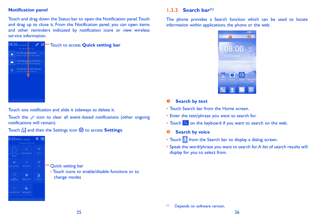 Alcatel POP C5 manual Search bar1, Notification panel, Touch to access Quick setting bar, Search by text, Search by voice 