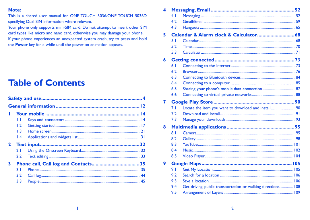 Alcatel POP C5 manual Table of Contents 