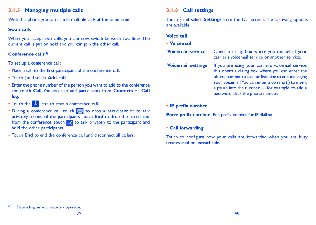 Alcatel POP C5 manual Managing multiple calls, Call settings 