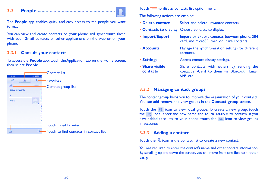 Alcatel POP C5 manual People, Consult your contacts, Managing contact groups, Adding a contact 