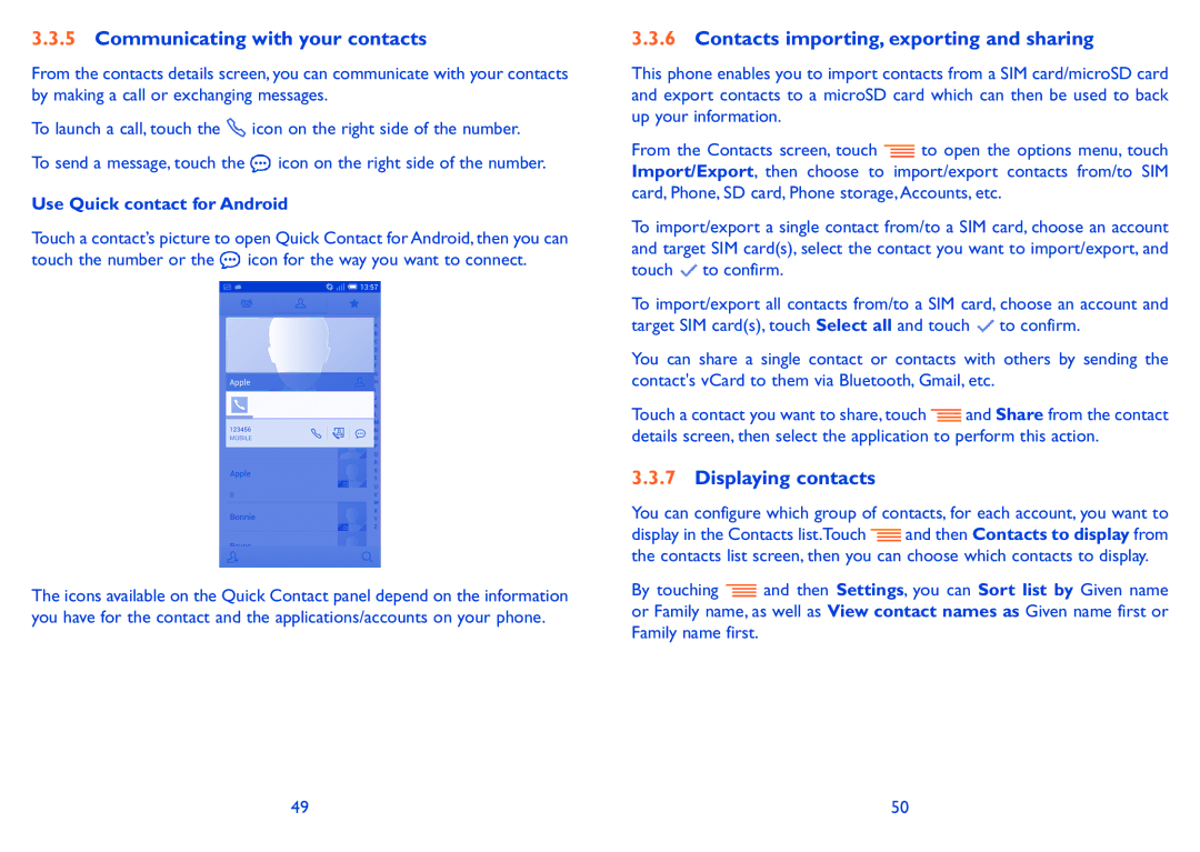 Alcatel POP C5 manual Communicating with your contacts, Contacts importing, exporting and sharing, Displaying contacts 