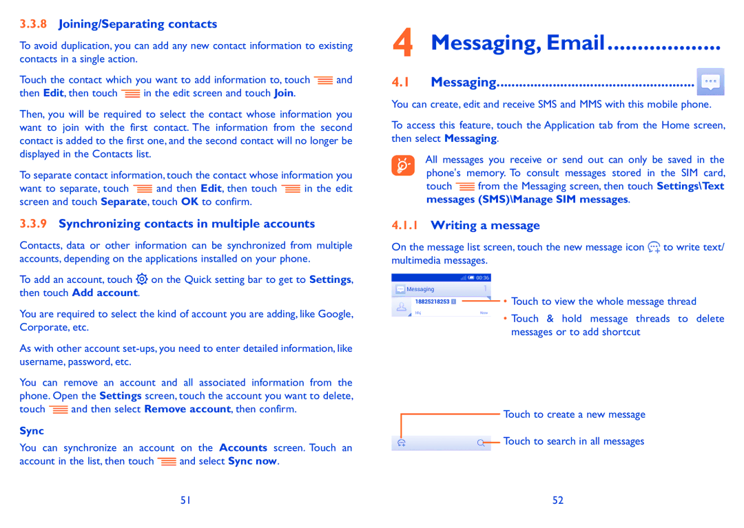 Alcatel POP C5 manual Messaging, Email, Joining/Separating contacts, Synchronizing contacts in multiple accounts 