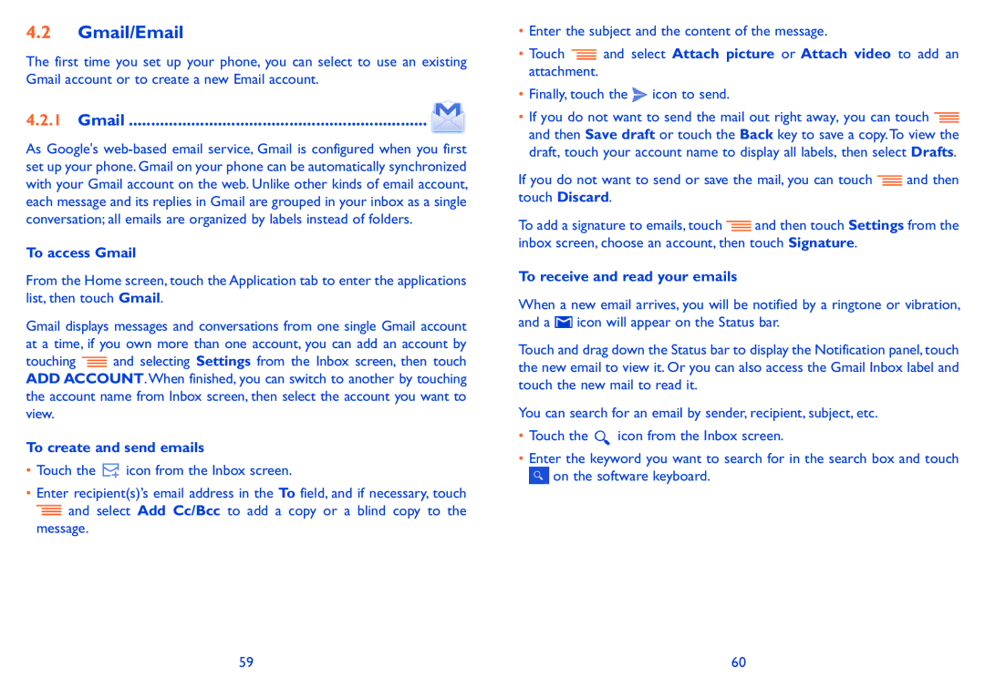 Alcatel POP C5 manual Gmail/Email, To access Gmail, To create and send emails, To receive and read your emails 