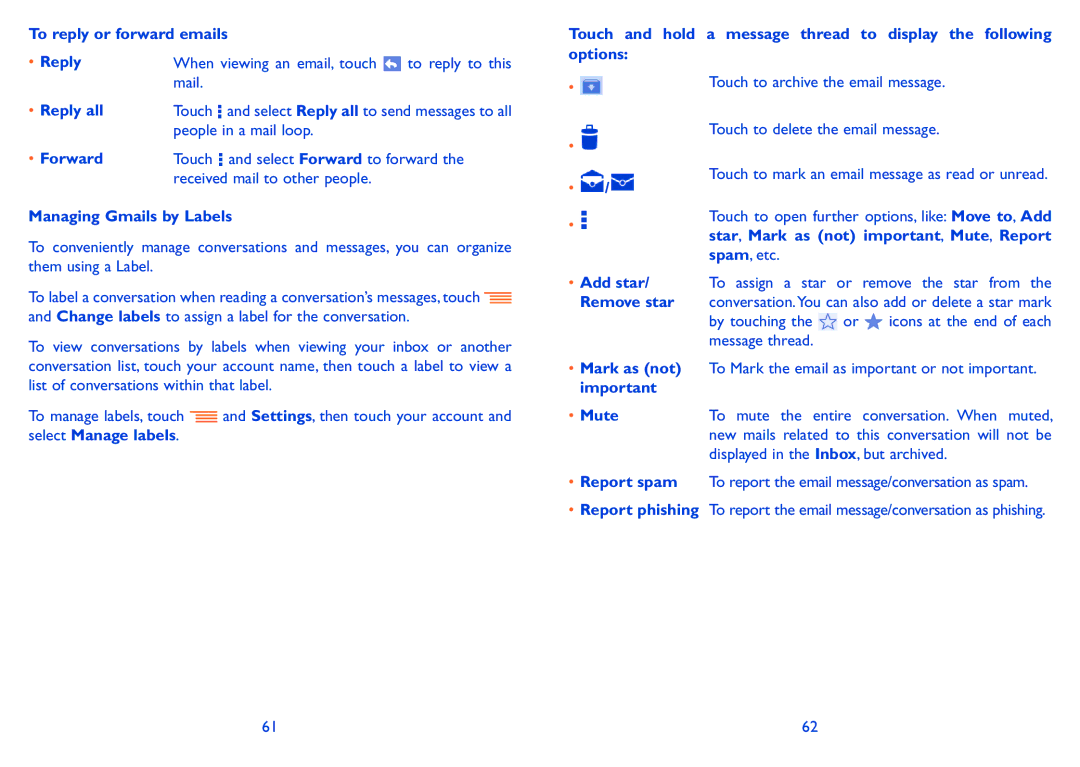 Alcatel POP C5 manual To reply or forward emails, Reply all, Managing Gmails by Labels 