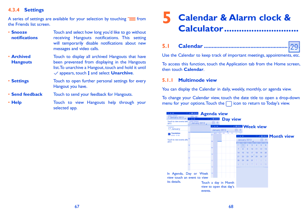 Alcatel POP C5 manual Calendar & Alarm clock Calculator, Settings, Multimode view 