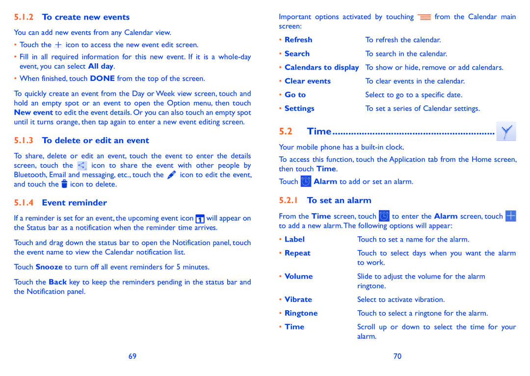 Alcatel POP C5 manual To create new events, To delete or edit an event, Event reminder, Time, To set an alarm 