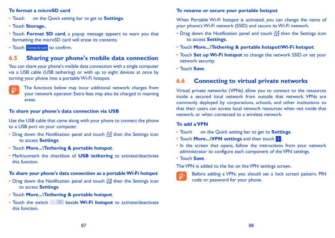 Alcatel POP C5 manual Sharing your phones mobile data connection, Connecting to virtual private networks 