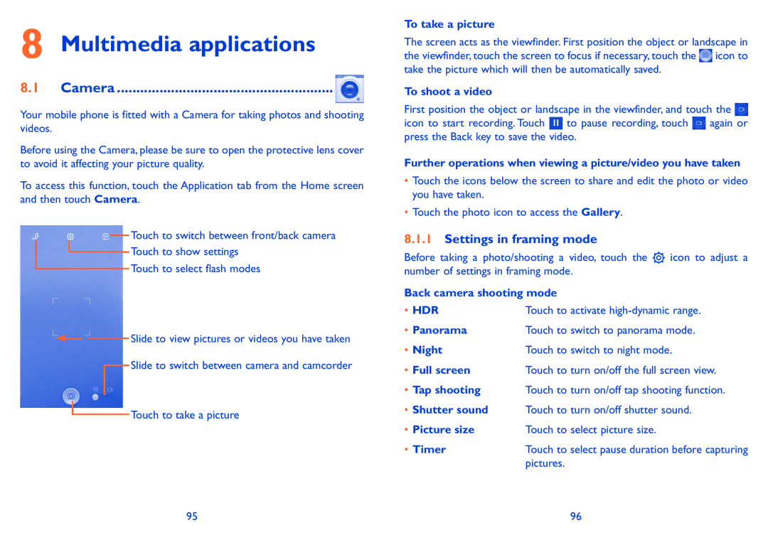Alcatel POP C5 manual Multimedia applications, Camera, Settings in framing mode, Hdr 