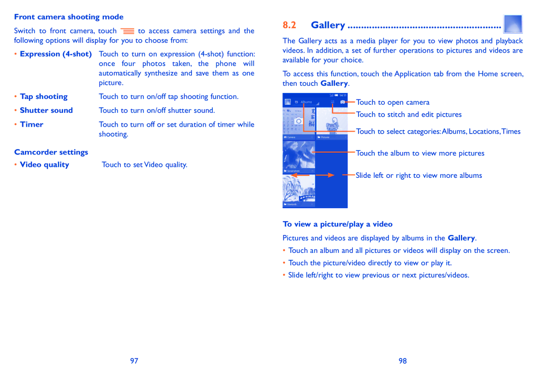 Alcatel POP C5 Gallery, Front camera shooting mode, Shooting, Camcorder settings Video quality Touch to set Video quality 