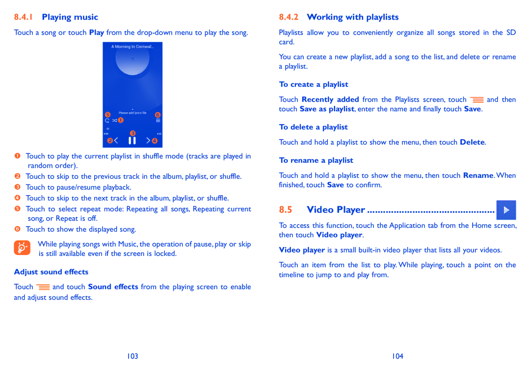 Alcatel POP C5 manual Playing music, Working with playlists, Video Player 