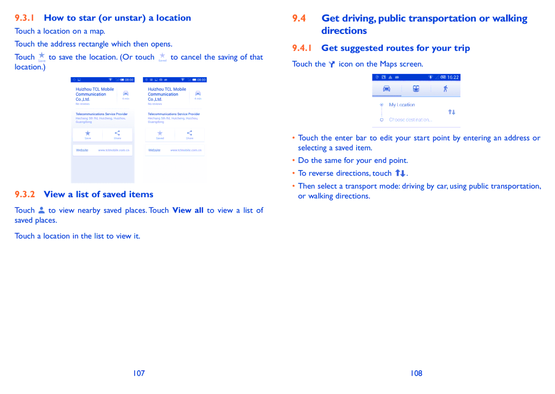 Alcatel POP C5 manual Get driving, public transportation or walking directions, How to star or unstar a location, 108 