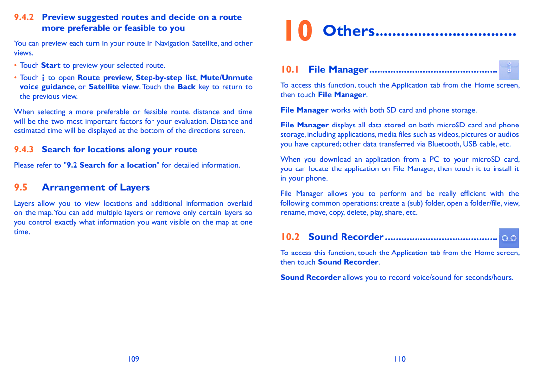 Alcatel POP C5 manual Others, Arrangement of Layers, File Manager, Sound Recorder, Search for locations along your route 