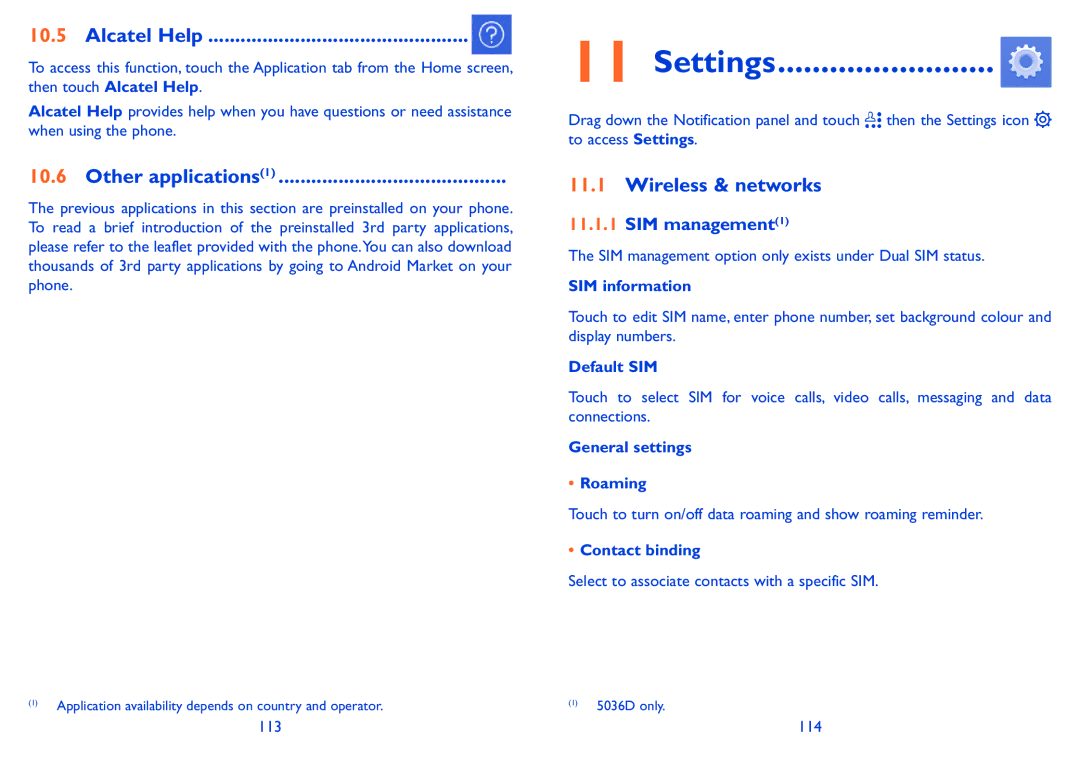 Alcatel POP C5 manual Settings, Alcatel Help, Other applications1, Wireless & networks, SIM management1 