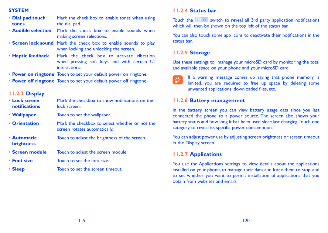 Alcatel POP C5 manual Display, Storage, Battery management, Applications, System 