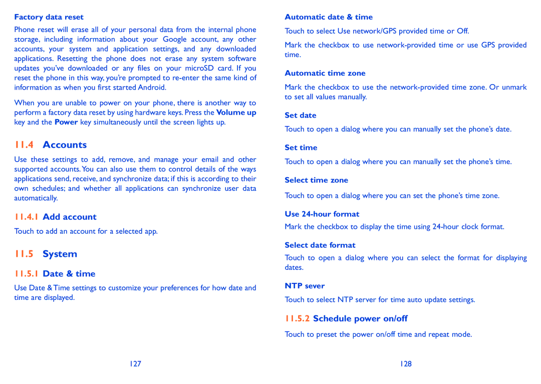 Alcatel POP C5 manual Accounts, System, Add account, Date & time, Schedule power on/off 