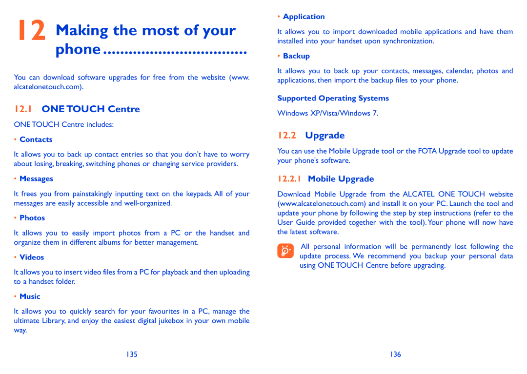 Alcatel POP C5 manual Making the most of your Phone, ONE Touch Centre, Mobile Upgrade 
