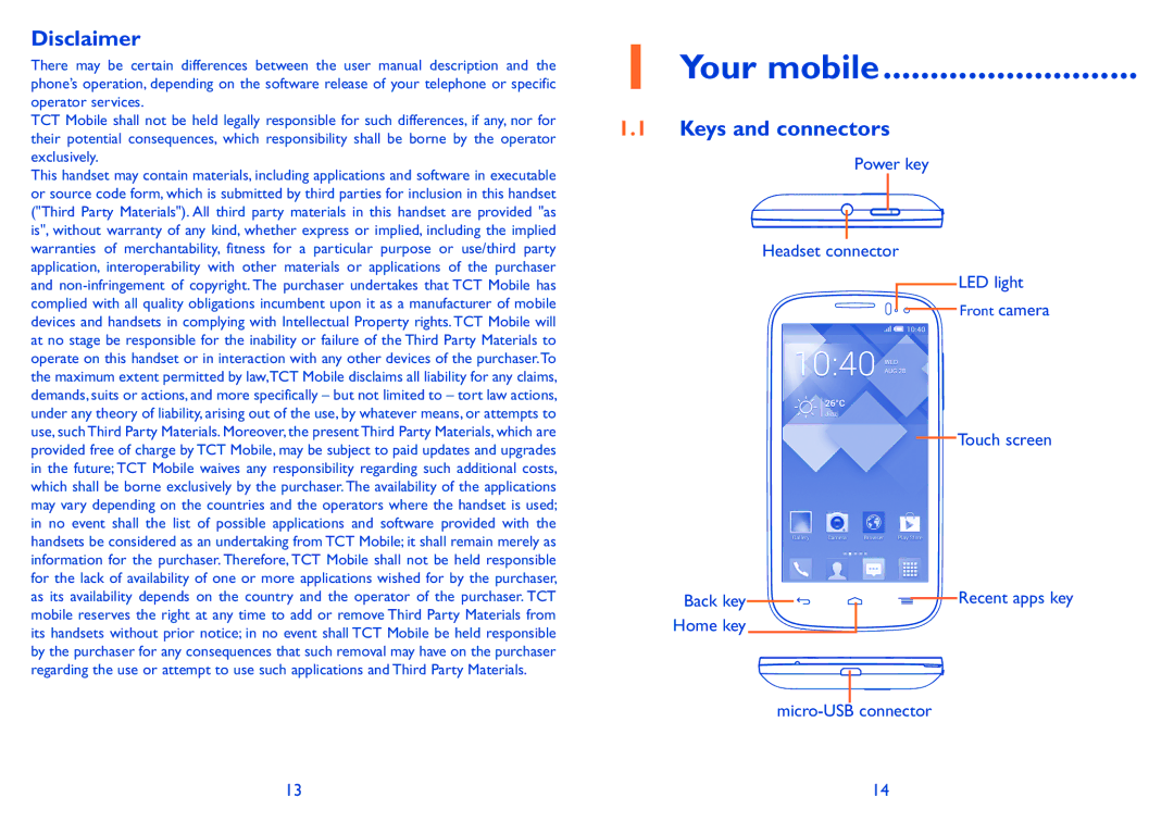 Alcatel POP C5 manual Your mobile, Disclaimer, Keys and connectors 